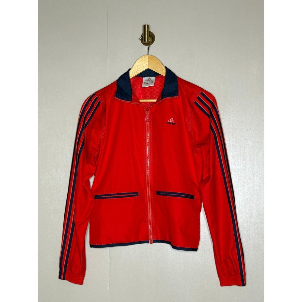 Vintage Adidas Red Nylon Track Jacket 3 Stripe Y2K Windbreaker Small